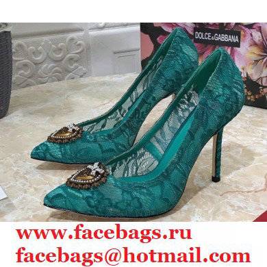 Dolce & Gabbana Heel 10.5cm Taormina Lace Pumps Green with Devotion Heart 2021 - Click Image to Close